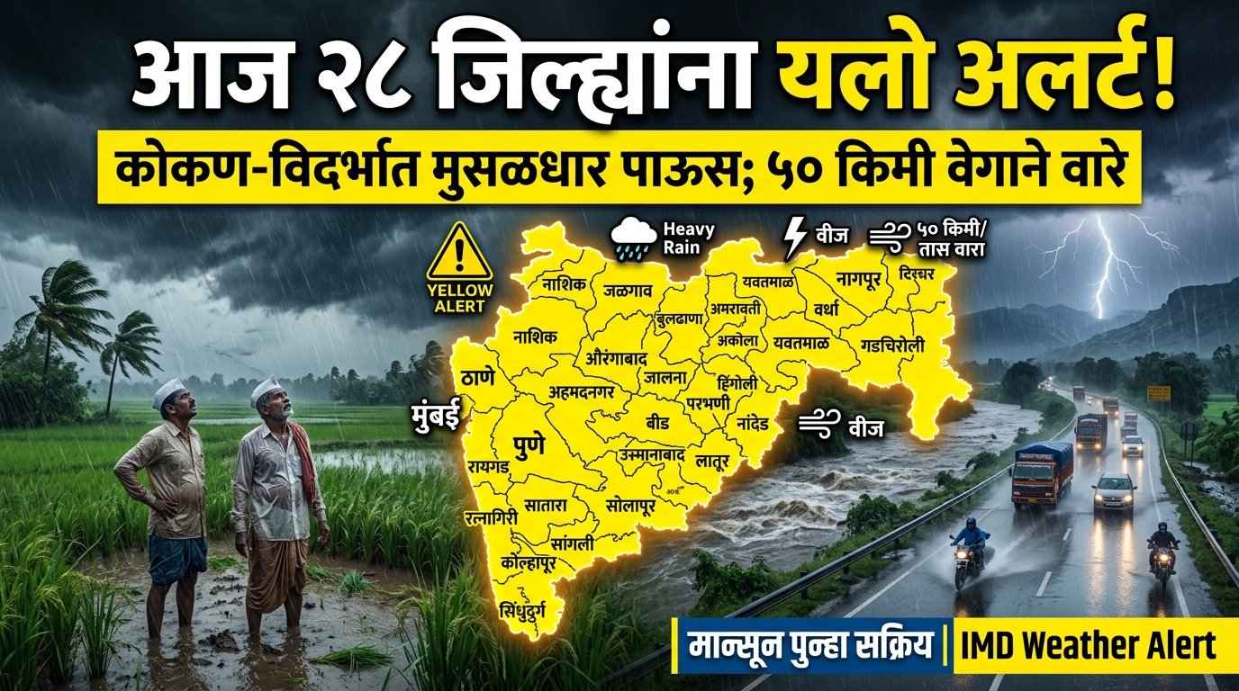 महाराष्ट्रात पुन्हा मान्सून सक्रिय! आज 28 जिल्ह्यांना यलो अलर्ट; कोकण, विदर्भासह अनेक भागांत जोरदार पावसाची शक्यता