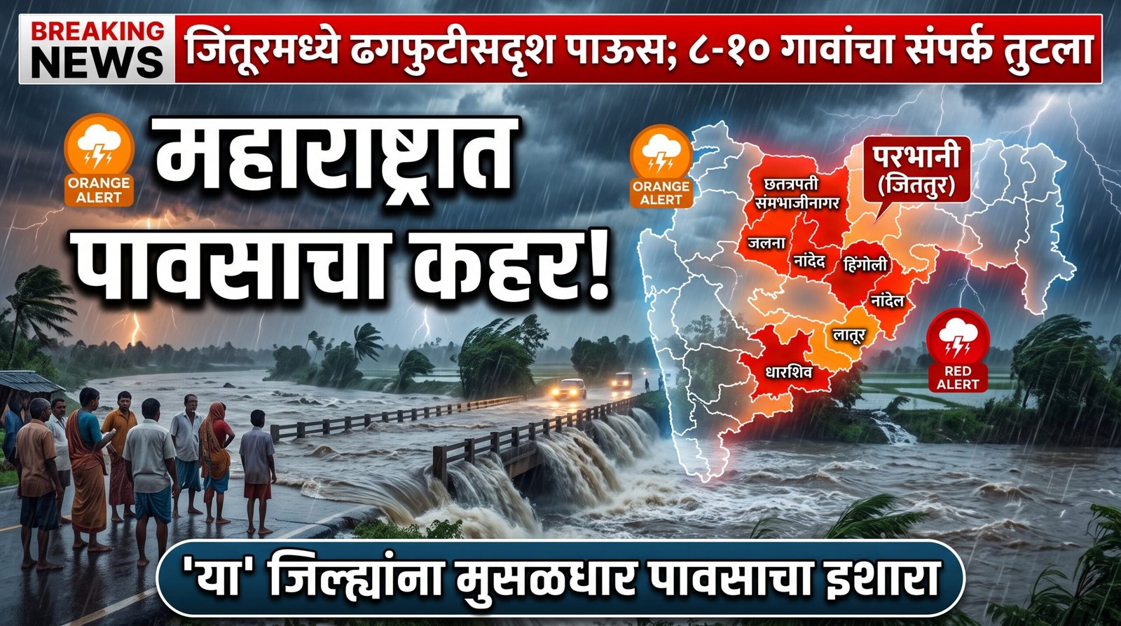 Image for जिंतूरमध्ये ढगफुटीसदृश पाऊस, ८ ते १० गावांचा संपर्क तुटला; 'या' जिल्ह्यांमध्ये मुसळधार पावसाचा इशारा