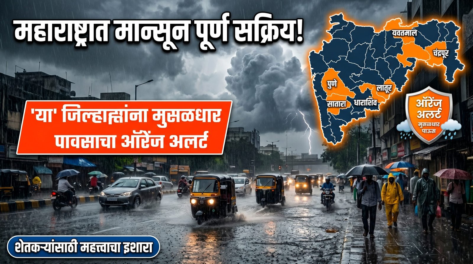 महाराष्ट्रात मान्सून पूर्ण सक्रिय झाल्याने मुसळधार पावसाचा ऑरेंज अलर्ट, पुणे, सातारा, लातूर, धाराशिव, यवतमाळ आणि चंद्रपूर जिल्ह्यांसाठी हवामानाचा इशारा