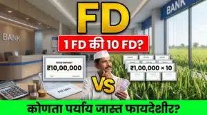 ₹10 लाखांची एक FD आणि ₹1 लाखांच्या 10 FD यांची तुलना, व्याजाचे गणित आणि शेतकऱ्यांसाठी योग्य गुंतवणुकीची माहिती दर्शविणारे प्रतीकात्मक चित्र