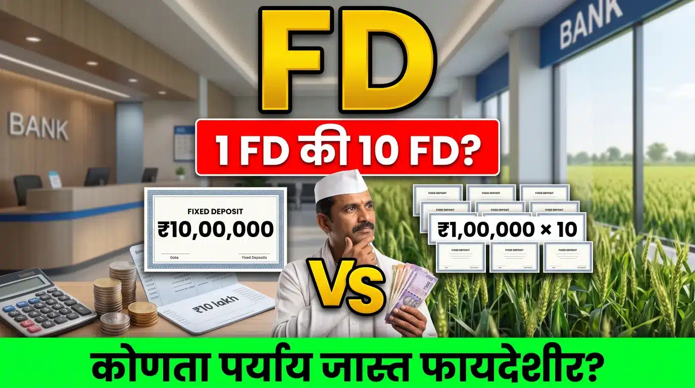 ₹10 लाखांची एक FD आणि ₹1 लाखांच्या 10 FD यांची तुलना, व्याजाचे गणित आणि शेतकऱ्यांसाठी योग्य गुंतवणुकीची माहिती दर्शविणारे प्रतीकात्मक चित्र