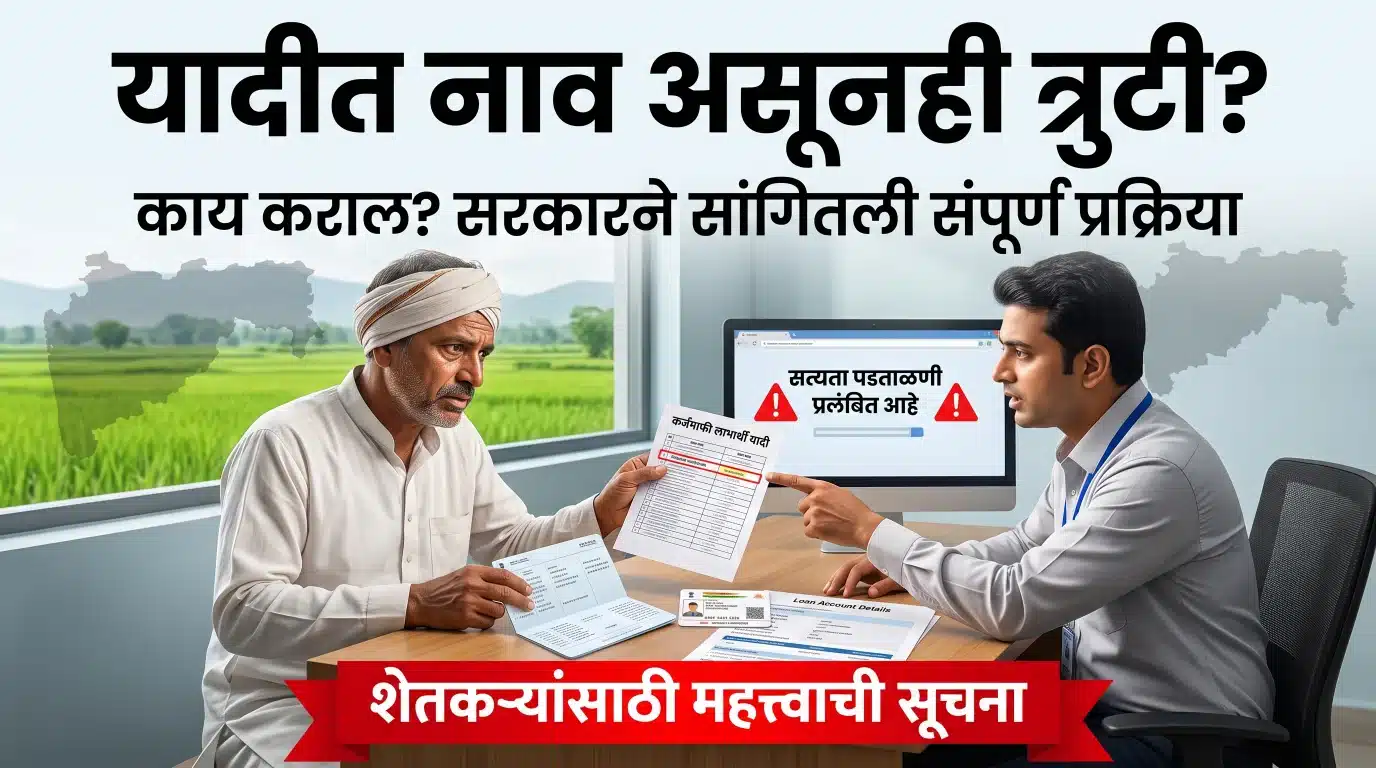 कर्जमाफी लाभार्थी यादीत नाव असूनही त्रुटी दिसत असल्यास आधार प्रमाणीकरण, AgriStack नोंदणी आणि बँक खाते पडताळणी करत असलेला महाराष्ट्रातील शेतकरी