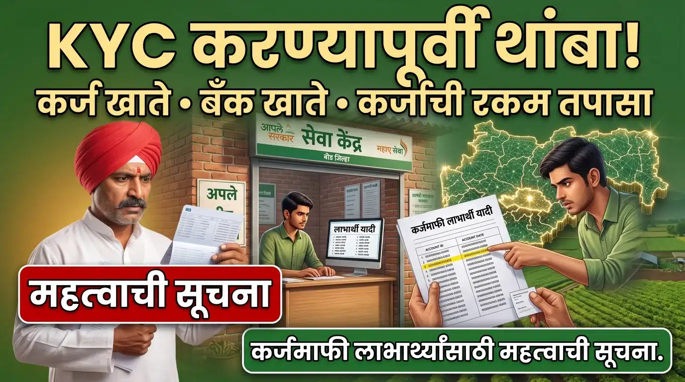 Image for कर्जमाफीची KYC करण्यापूर्वी थांबा! कर्ज खाते क्रमांक, बँक खाते आणि कर्जाची रक्कम तपासा; कर्जमाफी लाभार्थ्यांसाठी महत्त्वाची सूचना