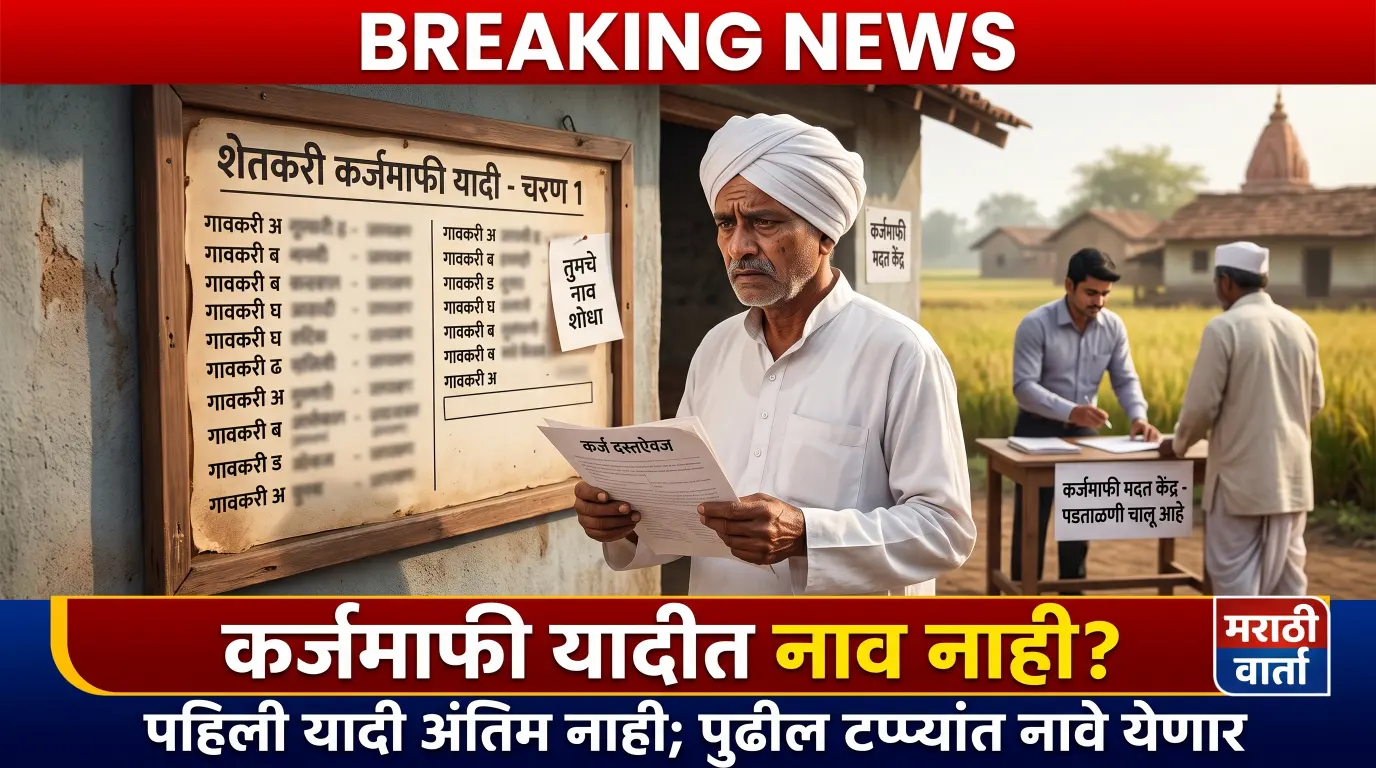 कर्जमाफीच्या पहिल्या यादीत नाव नसल्यामुळे चिंतेत असलेला महाराष्ट्रातील शेतकरी आणि कर्जमाफी पडताळणीची प्रतीकात्मक माहिती