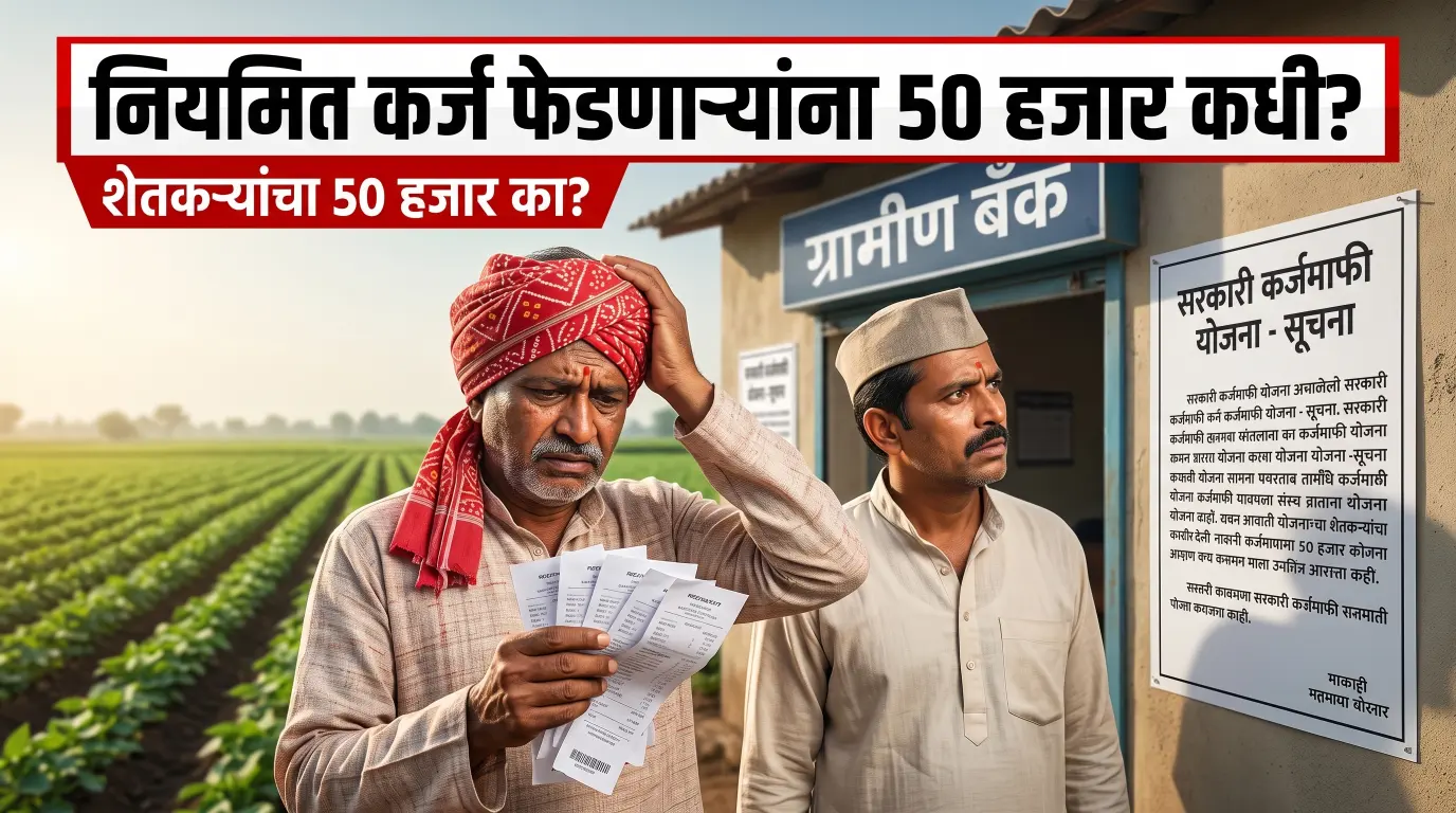 नियमित कर्ज फेडणाऱ्या शेतकऱ्यांना ₹50 हजार प्रोत्साहनाबाबत प्रश्न विचारणारे महाराष्ट्रातील शेतकरी आणि बँकेसमोर चर्चा करतानाचे दृश्य