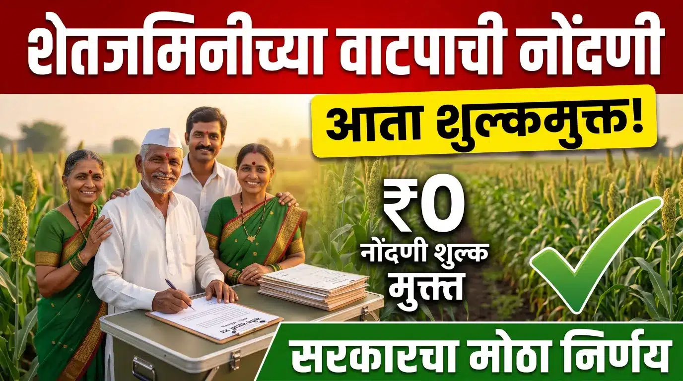 कुटुंबातील सदस्यांमध्ये शेतजमिनीच्या वाटपासाठी नोंदणी शुल्क माफ केल्याची महाराष्ट्र सरकारची घोषणा दर्शविणारे प्रतीकात्मक चित्र