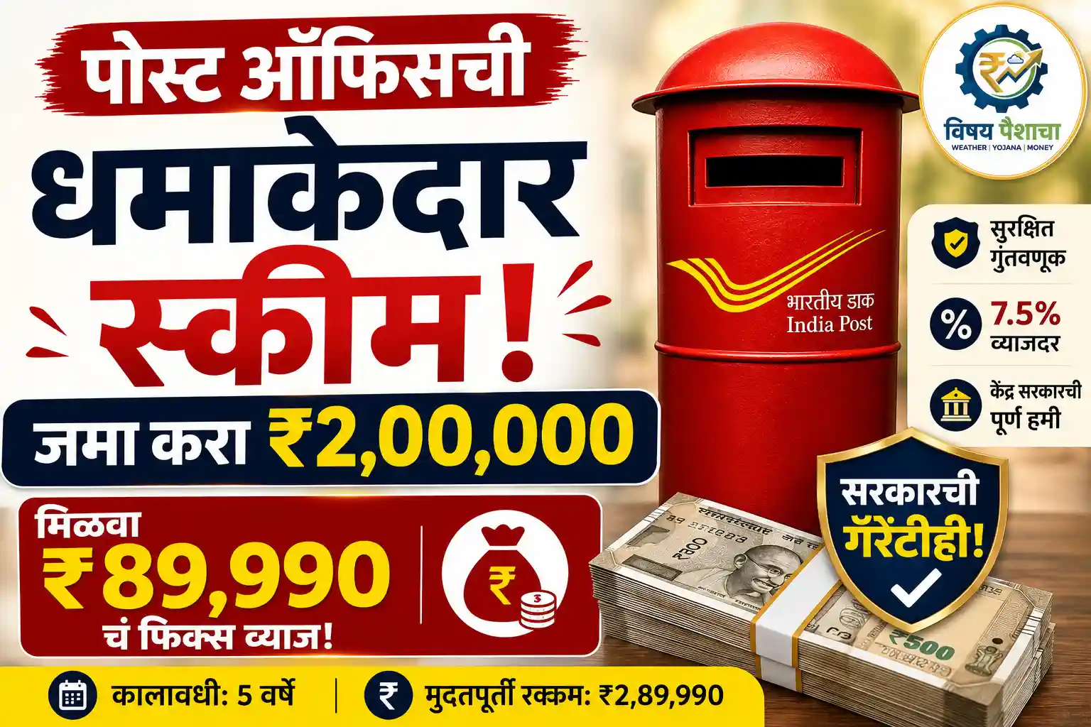 Post Office Time Deposit Scheme ₹2 lakh investment ₹89990 interest