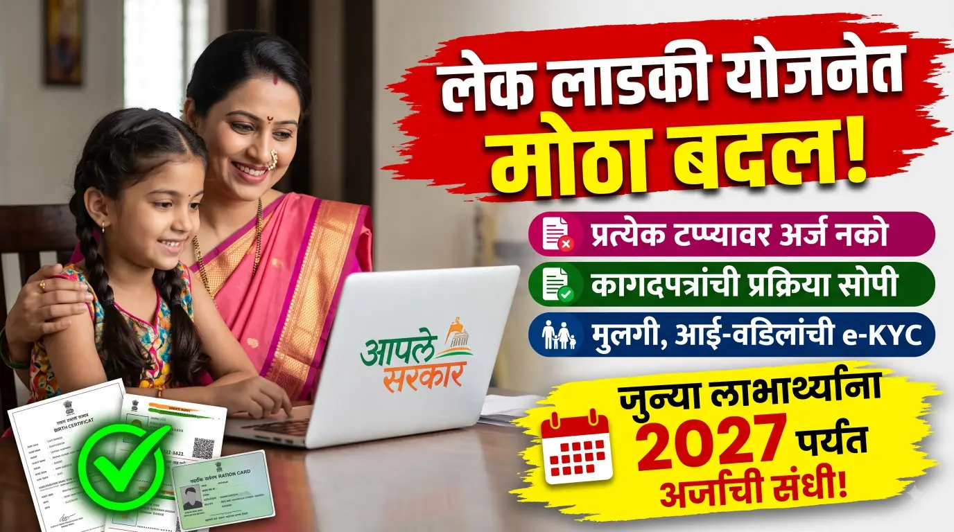 लेक लाडकी योजनेत मोठा बदल! आता प्रत्येक टप्प्यावर अर्ज नको; जुन्या लाभार्थ्यांना 2027 पर्यंत संधी